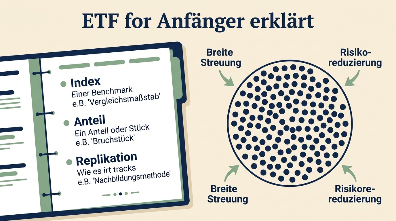 Aufgeschlagene Mappe mit Index-Begriffen und einem kreisförmigen Streuungsdiagramm