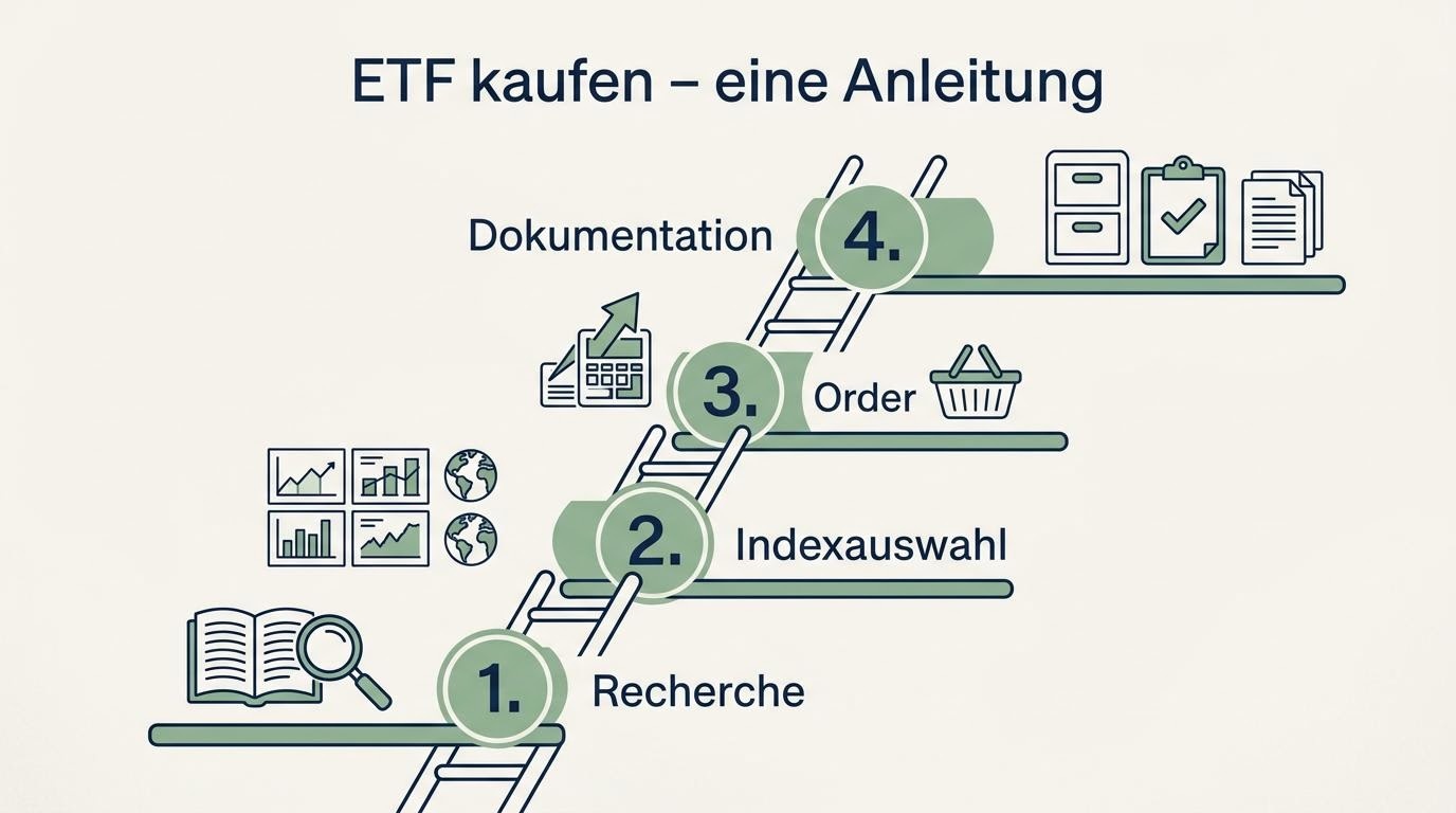 Schritt-für-Schritt-Leiter mit Markierungen für Recherche, Order und Dokumentation