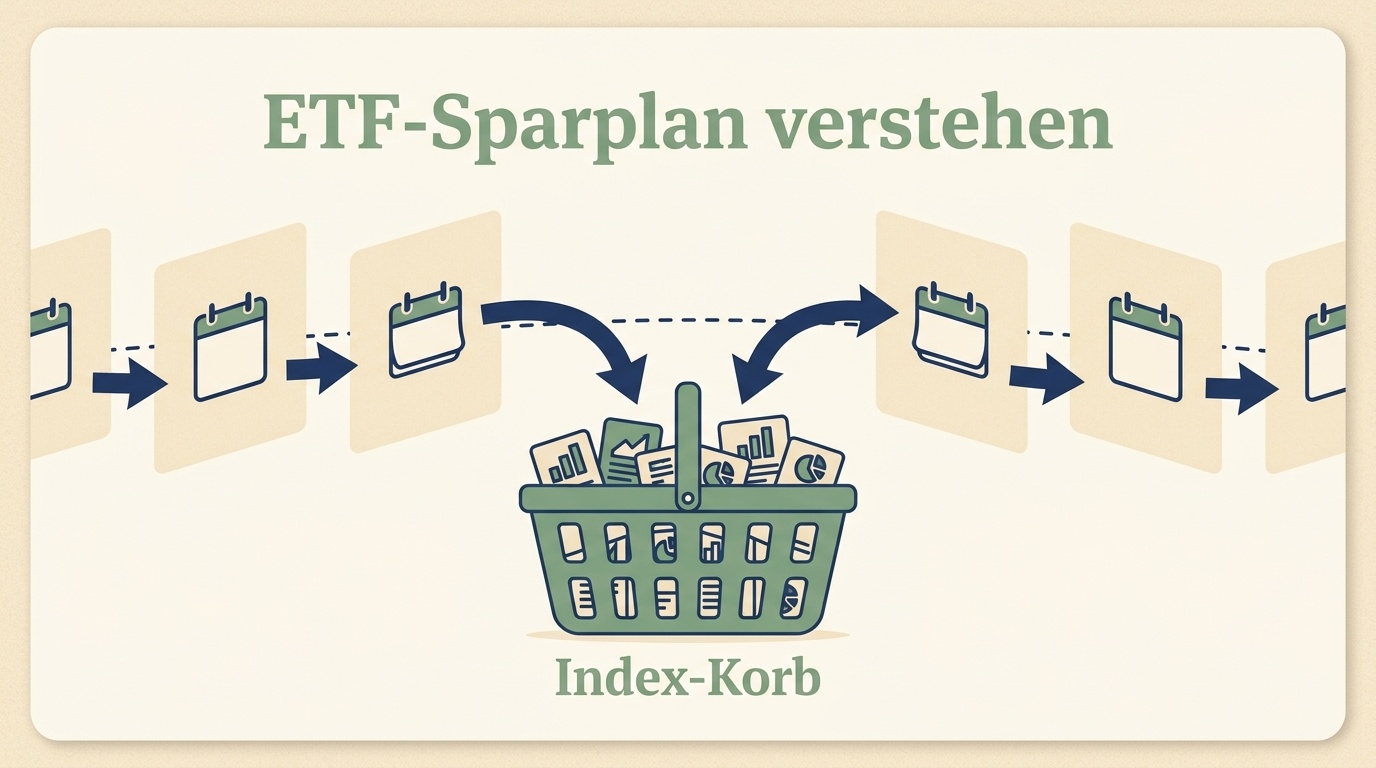 Monatliche Kalenderblätter mit kleinen Einzahlungs­pfeilen, die in einen Index-Korb fließen
