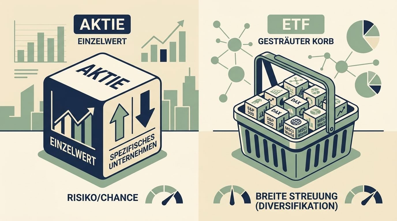 Gegenüberstellung eines einzelnen Aktienblocks und eines Korb-Symbols mit vielen Werten