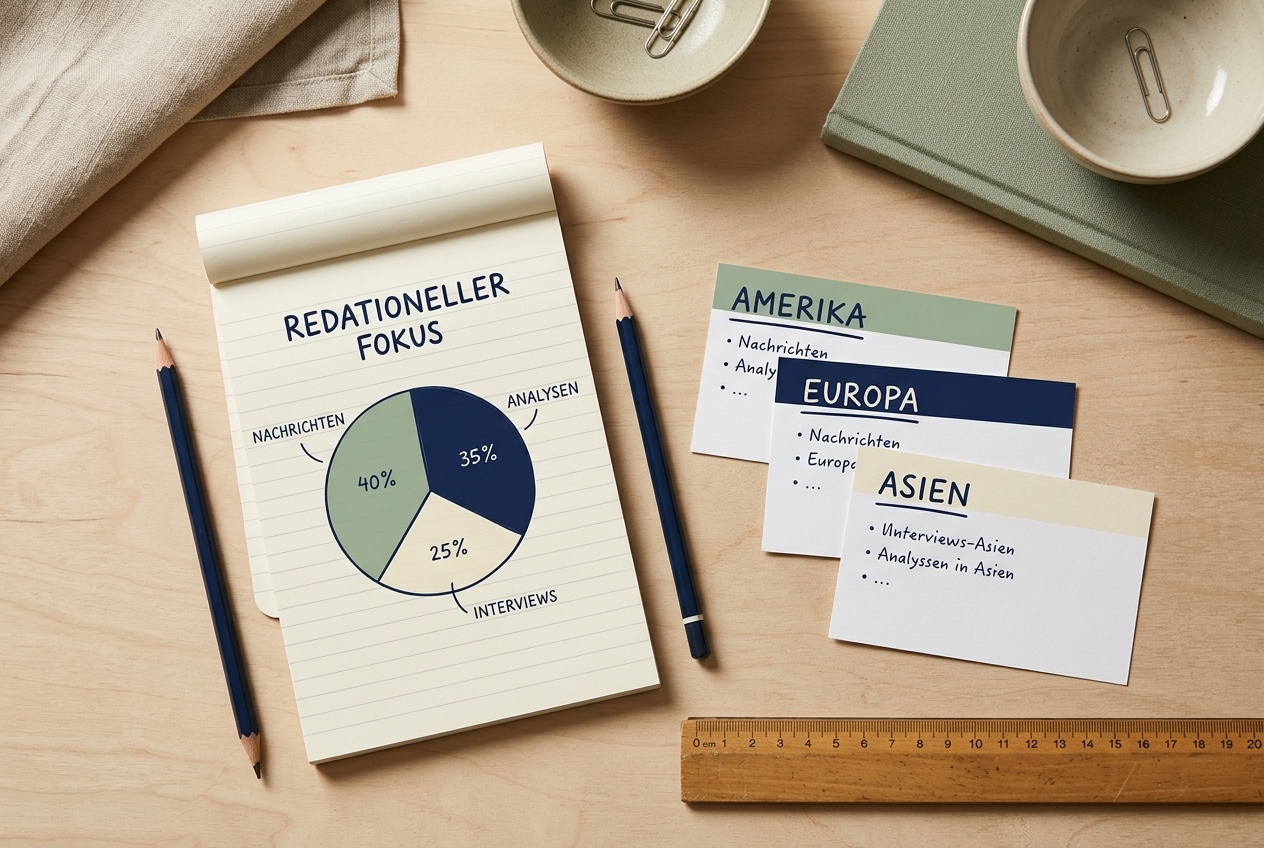 Mesa de redacción con notas, fichas de regiones de índice y un gráfico circular